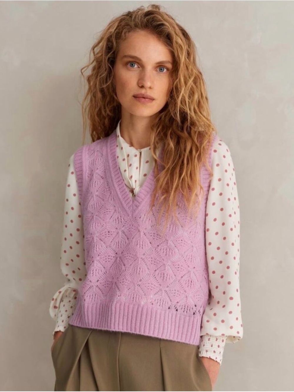 ME+EM Pink Openwork V-Neck Sweater Merino Wool Cashmere Silk  Feminine Vest